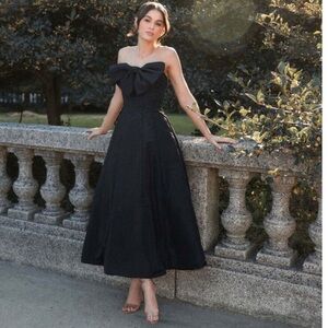 Mac Duggal 49605 Black Strapless A-Line Tea Length Bow Detail Dress Sz. 4 NWT